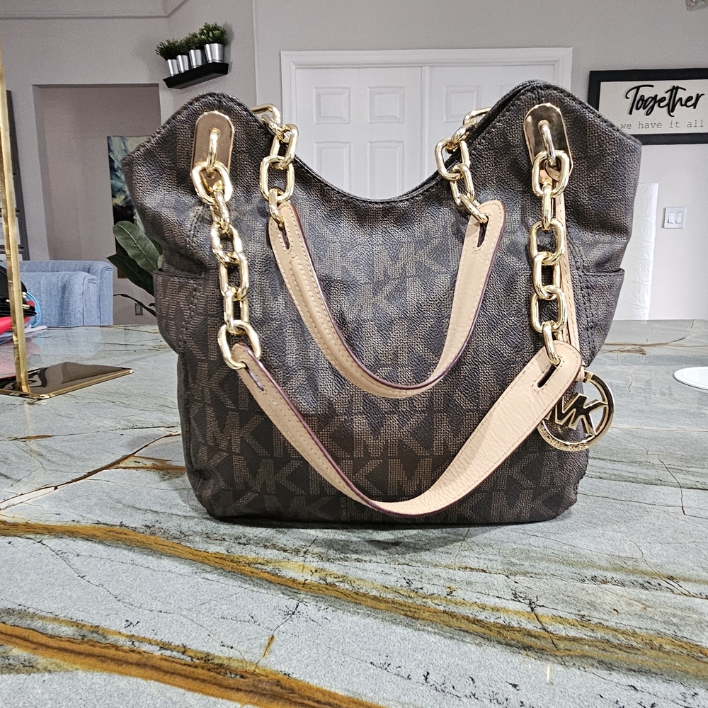 Michael Kors Jet Set Brown MK Signature Chain Shoulder Tote Gold Hardware
